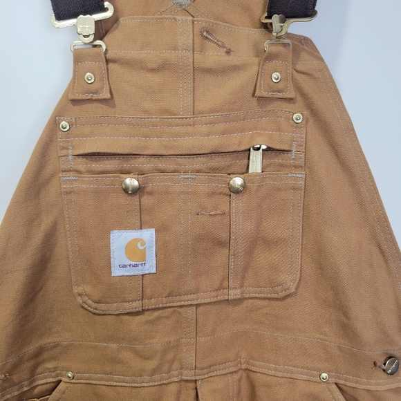 Carhartt Bib Overalls Mens 34x34 Tan Double Knee Canvas Duck Zip To Thigh - Picture 5 of 14